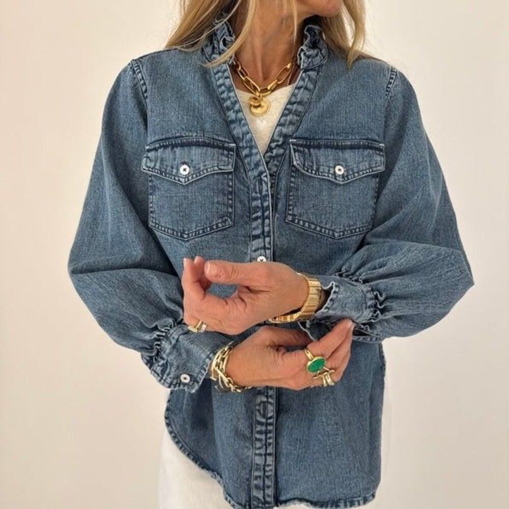 Kerri Rosenthal Puff Sleeve Denim Shirt Top Buttondown Ruffle V-Neck XL 285060 - Picture 6 of 13